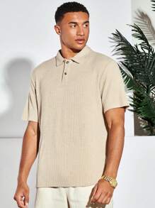 Manfinity NXTstreet 男士素色條紋針織POLO衫 - 卡其色 - 查看 3