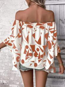 SHEIN LUNE Geo Print Off Shoulder Trumpet Sleeve Blouse - Multicolor - View 2