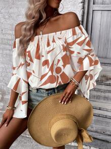 SHEIN LUNE Geo Print Off Shoulder Trumpet Sleeve Blouse - Multicolor - View 6