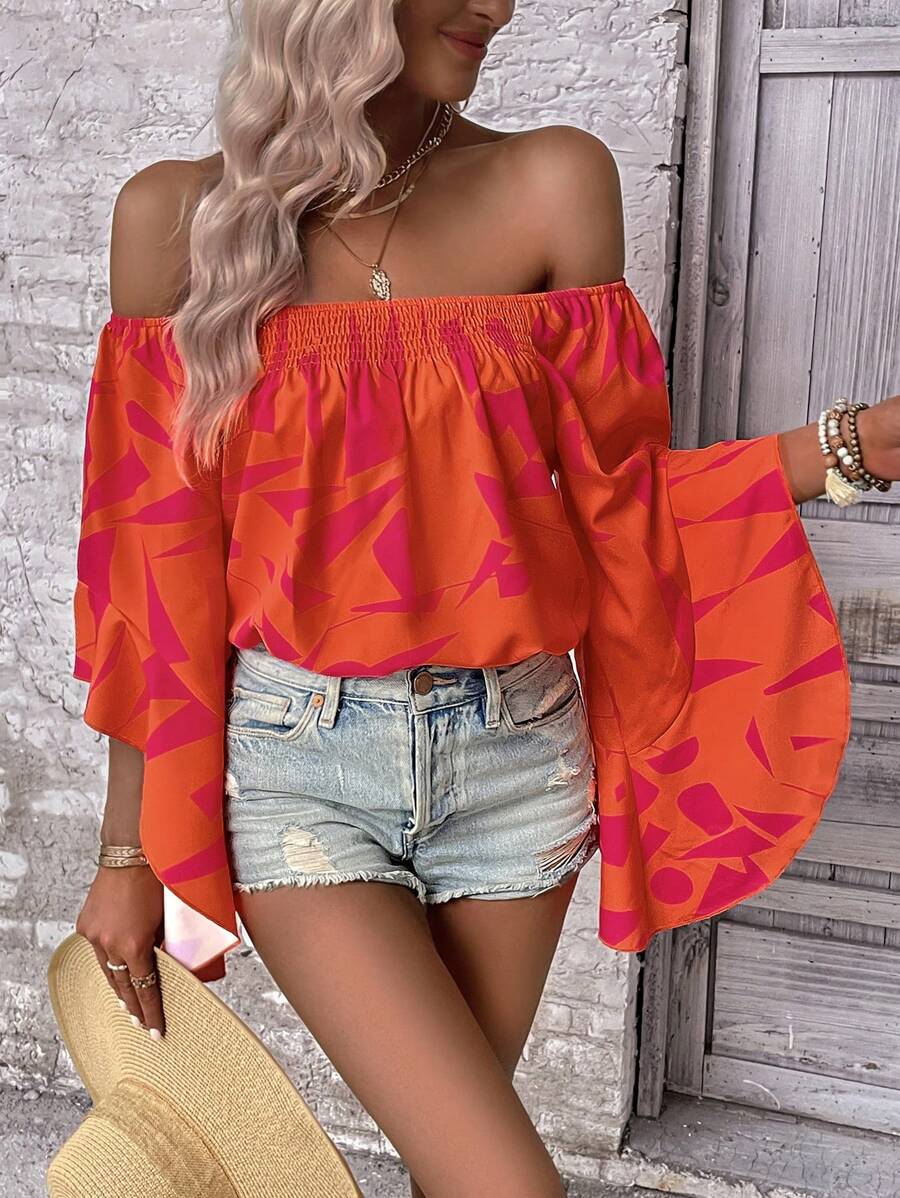 SHEIN LUNE Geo Print Off Shoulder Trumpet Sleeve Blouse - Hot Pink - View 1