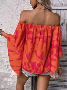 SHEIN LUNE Geo Print Off Shoulder Trumpet Sleeve Blouse - Hot Pink - View 2