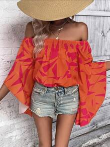 SHEIN LUNE Geo Print Off Shoulder Trumpet Sleeve Blouse - Hot Pink - View 3