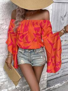 SHEIN LUNE Geo Print Off Shoulder Trumpet Sleeve Blouse - Hot Pink - View 4