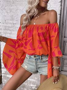 SHEIN LUNE Geo Print Off Shoulder Trumpet Sleeve Blouse - Hot Pink - View 5