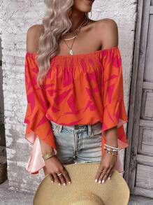 SHEIN LUNE Geo Print Off Shoulder Trumpet Sleeve Blouse - Hot Pink - View 6