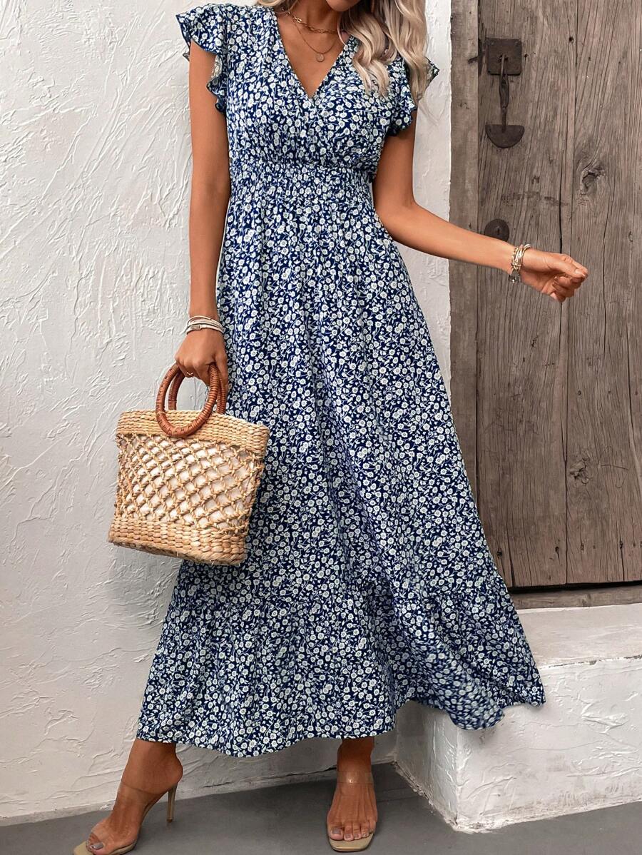SHEIN LUNE Đầm Maxi Họa Tiết Bướm Tay Phồng Viền Xếp Ly Cho Nữ - Xanh và trắng - Xem 1
