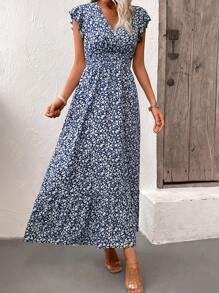 SHEIN LUNE Đầm Maxi Họa Tiết Bướm Tay Phồng Viền Xếp Ly Cho Nữ - Xanh và trắng - Xem 5