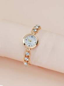 Orologio al quarzo con puntatore rotondo decorato con strass, regalo ideale per studenti che tornano a scuola - Dorato - Visualizzare 3