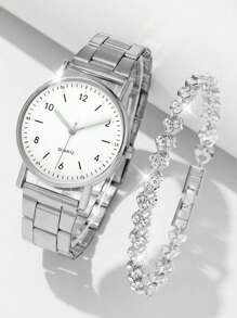2 cái/bộ Giải trí Của phụ nữ Màu bạc Hợp kim Đồng hồ thạch anh Với Thép Ban nhạc & Pha lê Vòng tay Phụ kiện - Bạc - Xem 1