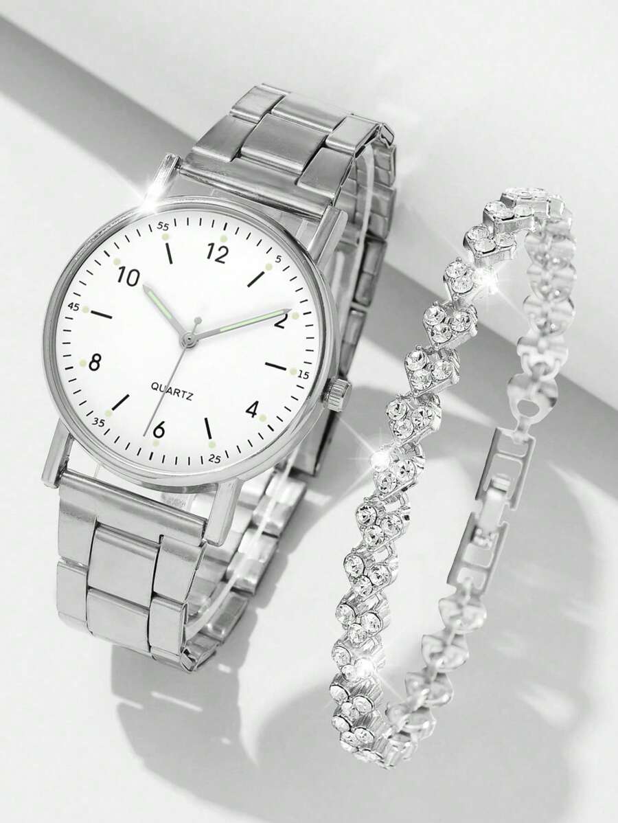 2 cái/bộ Giải trí Của phụ nữ Màu bạc Hợp kim Đồng hồ thạch anh Với Thép Ban nhạc & Pha lê Vòng tay Phụ kiện - Bạc - Xem 1