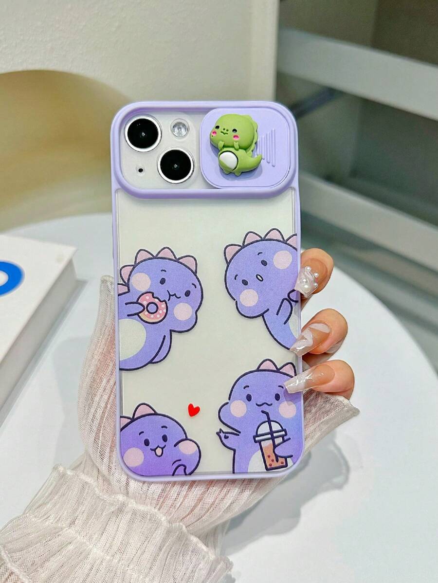 卡通恐龍圖案手機殼帶拉推鏡頭蓋 - 彩色 - 查看 1