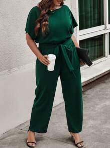 SHEIN LUNE 大碼素色蝙蝠袖腰帶連身褲 - 墨綠色 - 查看 1