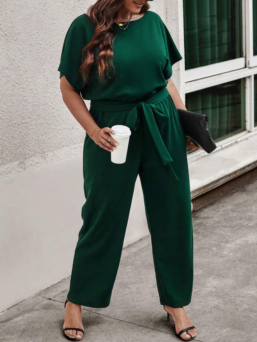 SHEIN LUNE 大碼素色蝙蝠袖腰帶連身褲 - 墨綠色 - 查看 1