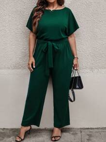 SHEIN LUNE 大碼素色蝙蝠袖腰帶連身褲 - 墨綠色 - 查看 3