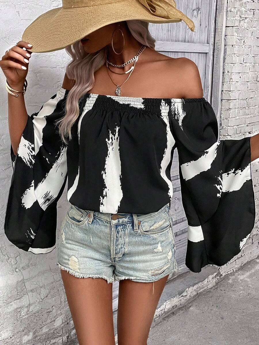 SHEIN LUNE Brush Print Off Shoulder Trumpet Sleeve Blouse - Black - View 1