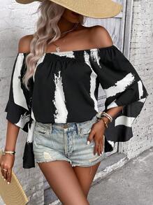 SHEIN LUNE Brush Print Off Shoulder Trumpet Sleeve Blouse - Black - View 3