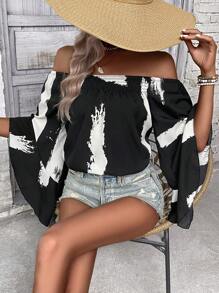 SHEIN LUNE Brush Print Off Shoulder Trumpet Sleeve Blouse - Black - View 4