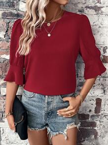 SHEIN LUNE Blusa unicolor de manga con volante - Burdeos - Ver 1