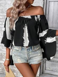 SHEIN LUNE Brush Print Off Shoulder Trumpet Sleeve Blouse - Black - View 6
