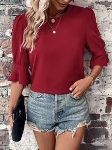 SHEIN LUNE Blusa unicolor de manga con volante - Burdeos - Ver 3