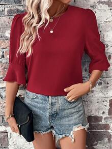 SHEIN LUNE Blusa unicolor de manga con volante - Burdeos - Ver 4