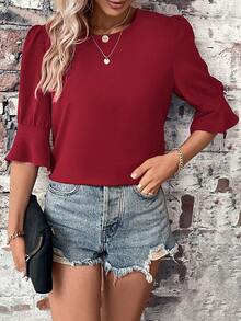 SHEIN LUNE Blusa unicolor de manga con volante - Burdeos - Ver 5