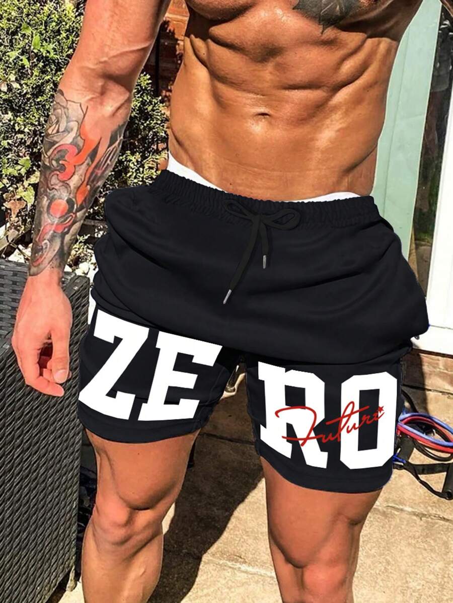 Manfinity Homme 宽松男士字母印花抽绳腰短裤，适合送给丈夫、男朋友的礼物 - 黑色 - 查看 1