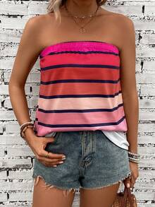 SHEIN VCAY Striped Print Tube Top - Multicolor - View 4