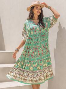 Rusttydustty Vestido bohemio de manga corta con cuello en V y estampado tropical verde, adecuado para uso diario, vacaciones en la playa y festivales de música