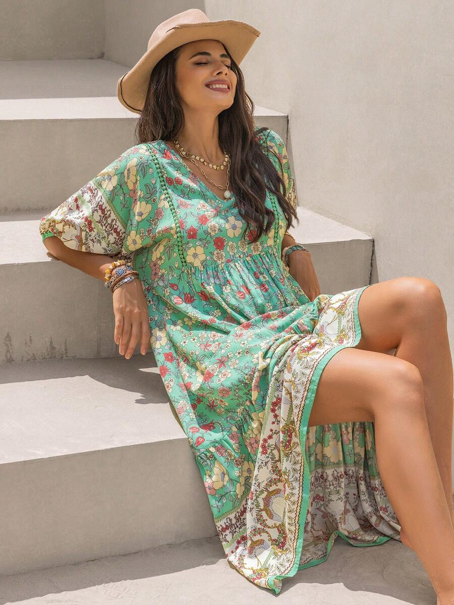 Rusttydustty Vestido bohemio de manga corta con cuello en V y estampado tropical verde, adecuado para uso diario, vacaciones en la playa y festivales de música