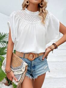 SHEIN VCAY Frill Trim Batwing Sleeve Mock Neck Blouse - White - View 3