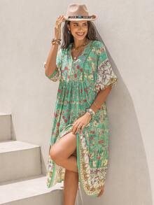 Rusttydustty Vestido bohemio de manga corta con cuello en V y estampado tropical verde, adecuado para uso diario, vacaciones en la playa y festivales de música