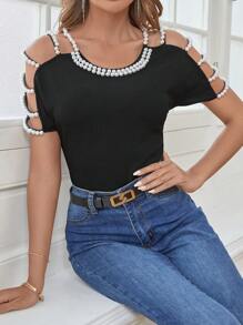 SHEIN Clasi 珍珠串珠肩部挖空T恤 - 黑色 - 查看 2