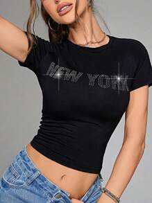 水鑽字母圖案短款T恤 - 黑色 - 查看 1