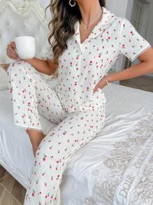 印花睡衣套裝 - 米色 - 查看 1