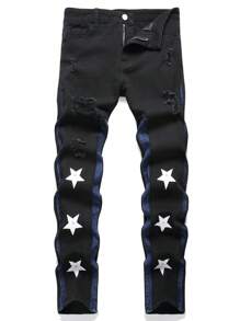 Nam In Sao Rách Tương phản Đường may bên Quần jean - màu đen - Xem 1