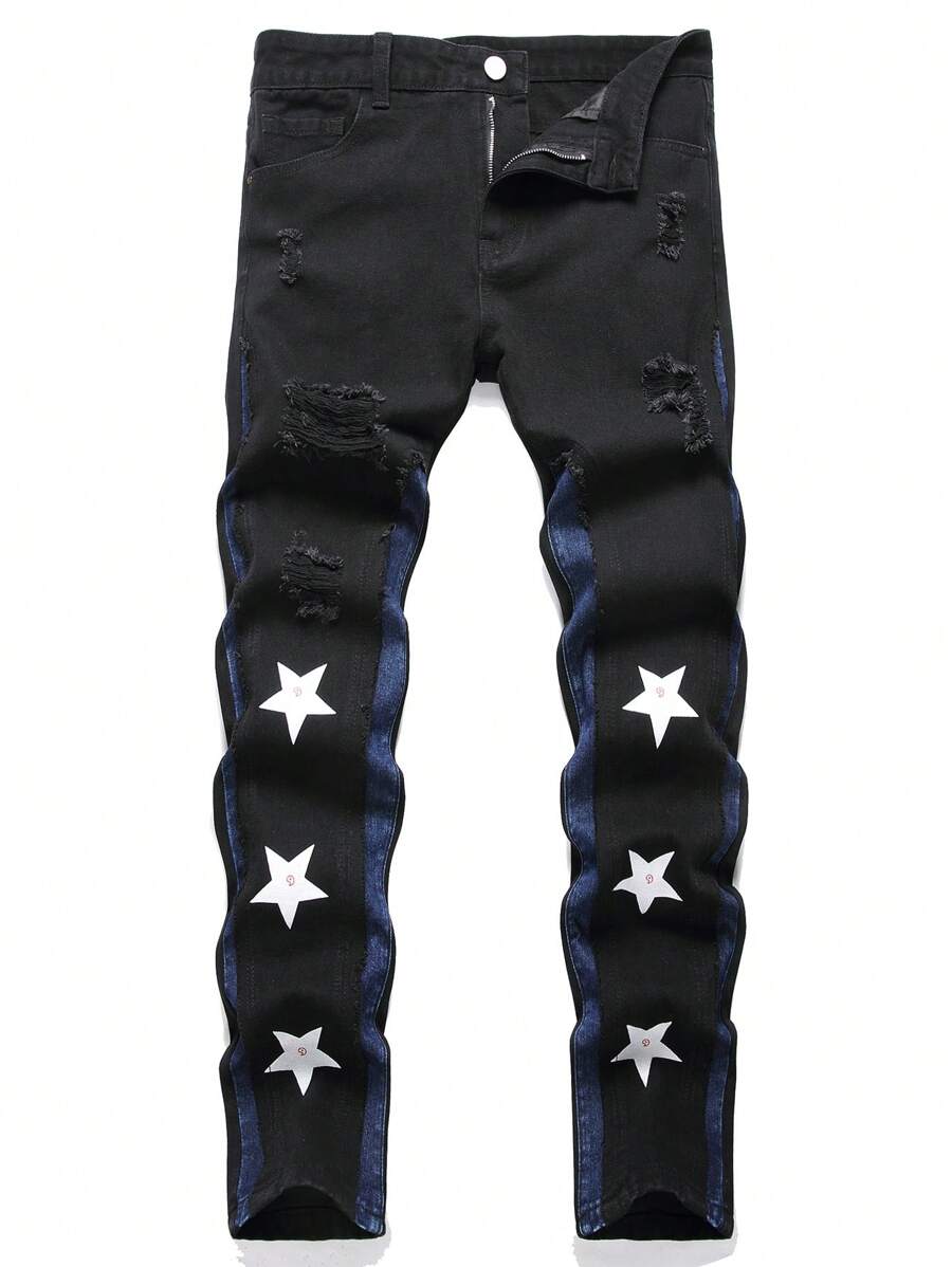 Nam In Sao Rách Tương phản Đường may bên Quần jean - màu đen - Xem 1