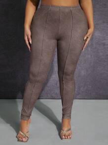 SHEIN SXY 大碼高腰接縫細節緊身打底褲 - 摩卡棕 - 查看 1