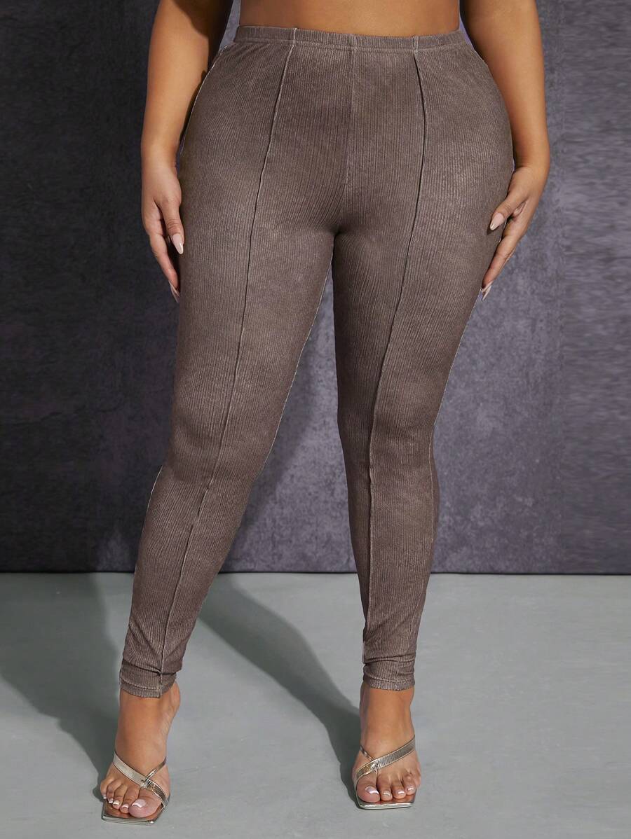 SHEIN SXY 大碼高腰接縫細節緊身打底褲 - 摩卡棕 - 查看 1