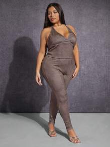 SHEIN SXY 大碼高腰接縫細節緊身打底褲 - 摩卡棕 - 查看 4