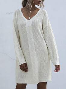 Cable Knit Drop Shoulder Jumper Dress - White - View 1