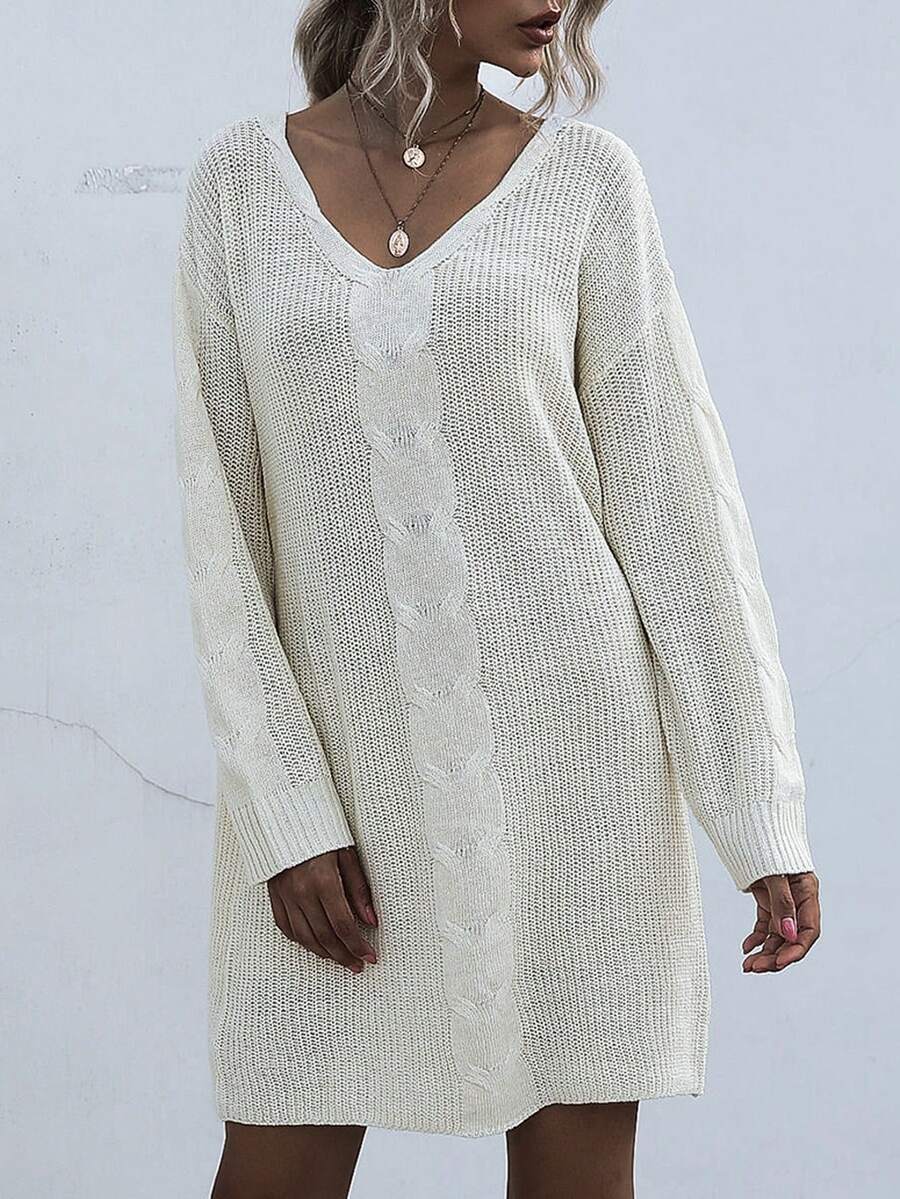 Cable Knit Drop Shoulder Jumper Dress - White - View 1