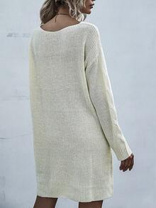 Cable Knit Drop Shoulder Jumper Dress - White - View 2