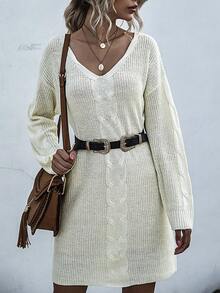 Cable Knit Drop Shoulder Jumper Dress - White - View 3
