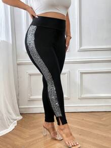 SHEIN Essnce Taglie Forti Leggings paillette a contrasto orlo a fessura
