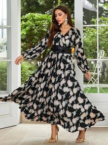 Allover Floral Print Lantern Sleeve Belted Dress - Black - View 1