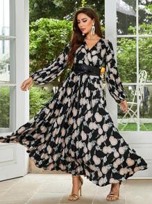 Allover Floral Print Lantern Sleeve Belted Dress