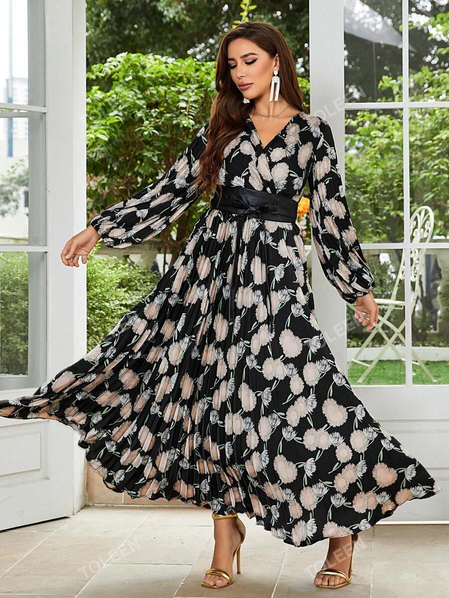Allover Floral Print Lantern Sleeve Belted Dress