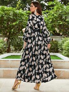 Allover Floral Print Lantern Sleeve Belted Dress - Black - View 2