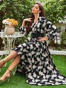 Allover Floral Print Lantern Sleeve Belted Dress - Black - View 3